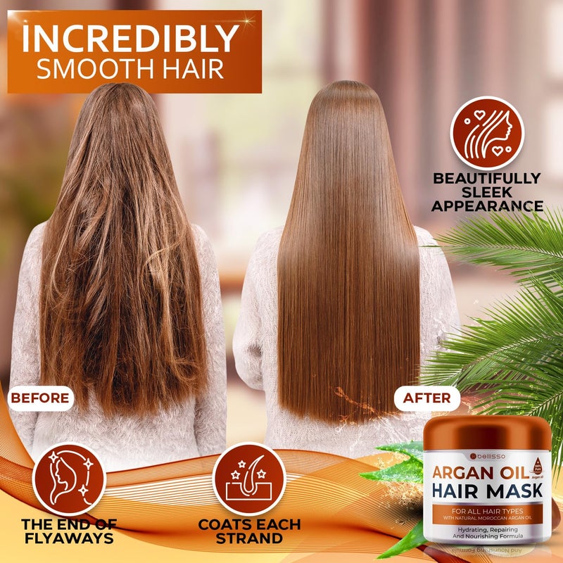 BELLISSO Moroccan Argan Oil Mask - Deep Conditioning Moisturizer for Dry, Extremely Damaged Hair - Hydrating Repair Treatment for Split Ends - With Collagen and Keratin for Curly, Frizzy and Color Treated Hair - Image 2