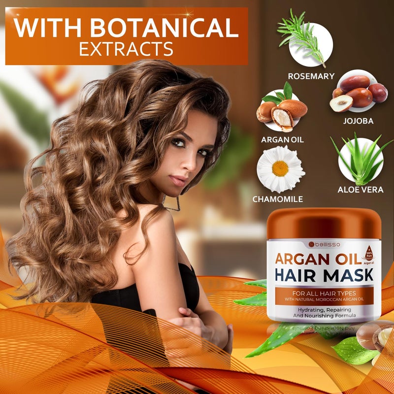 BELLISSO Moroccan Argan Oil Mask - Deep Conditioning Moisturizer for Dry, Extremely Damaged Hair - Hydrating Repair Treatment for Split Ends - With Collagen and Keratin for Curly, Frizzy and Color Treated Hair - Image 3
