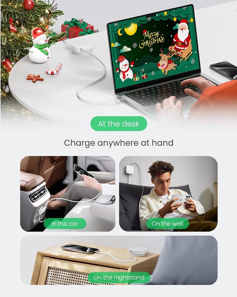 فاسجير كابل Fasgear القابل للسحب من USB-C، شحن سريع بقوة 60 واط PD/PPS، كابل شاحن قابل للسحب من USB-C إلى USB-C 2.0 لهاتف آي-فون 17 16 برو/آي-باد برو/ماك-بوك/سامسونج، كابل مكتبي من النوع C قابل للدوران 360 درجة (2 متر، أبيض نقي) - Image 3