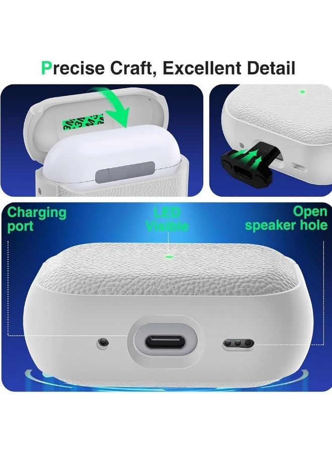 الخامس لطيفة غلاف سماعة AirPods Pro 3 إصدار 2025، غطاء مضاد للسقوط مزود بسلسلة مفاتيح، جلد صناعي بنقش الليتشي، غلاف TPU مضاد للصدمات (لون أبيض) - Image 4