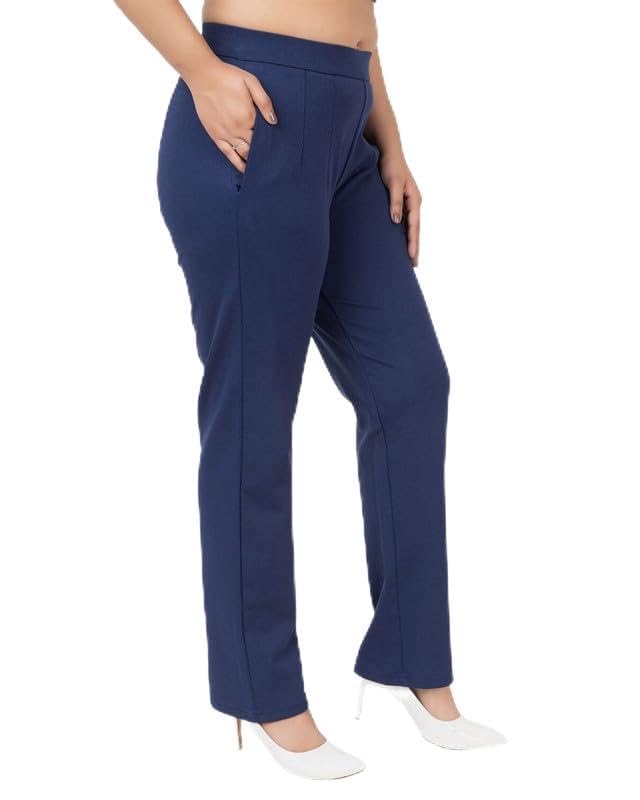 Mlada Store Mlada Straight Fit Cigarette Pencil Pants Elastic Waist Band Mid High Waist Formal Office Trousers for Women, Pockets for Travel Stretch Cotton Knit Full Length Regular/Plus Size - Navy, 4XL - Image 1