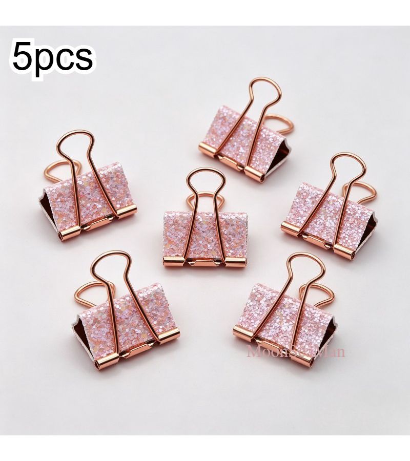 5pcs Pink Glitter Binder Clips, Rose Golden Metal Decorative Heavy Duty Document Fasteners, Shiny Desktop Office Stationery, Multi Purpose Paper Clips for Planner and Journal Organizing Tools - Image 1