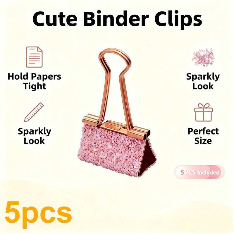 5pcs Pink Glitter Binder Clips, Rose Golden Metal Decorative Heavy Duty Document Fasteners, Shiny Desktop Office Stationery, Multi Purpose Paper Clips for Planner and Journal Organizing Tools - Image 5