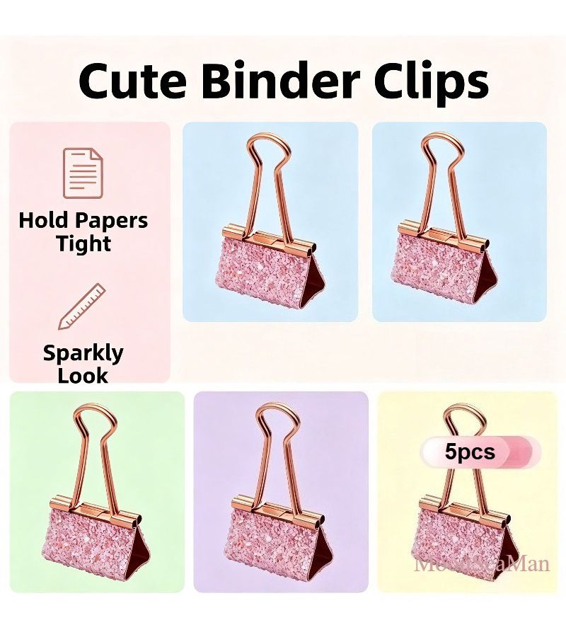 5pcs Pink Glitter Binder Clips, Rose Golden Metal Decorative Heavy Duty Document Fasteners, Shiny Desktop Office Stationery, Multi Purpose Paper Clips for Planner and Journal Organizing Tools - Image 2
