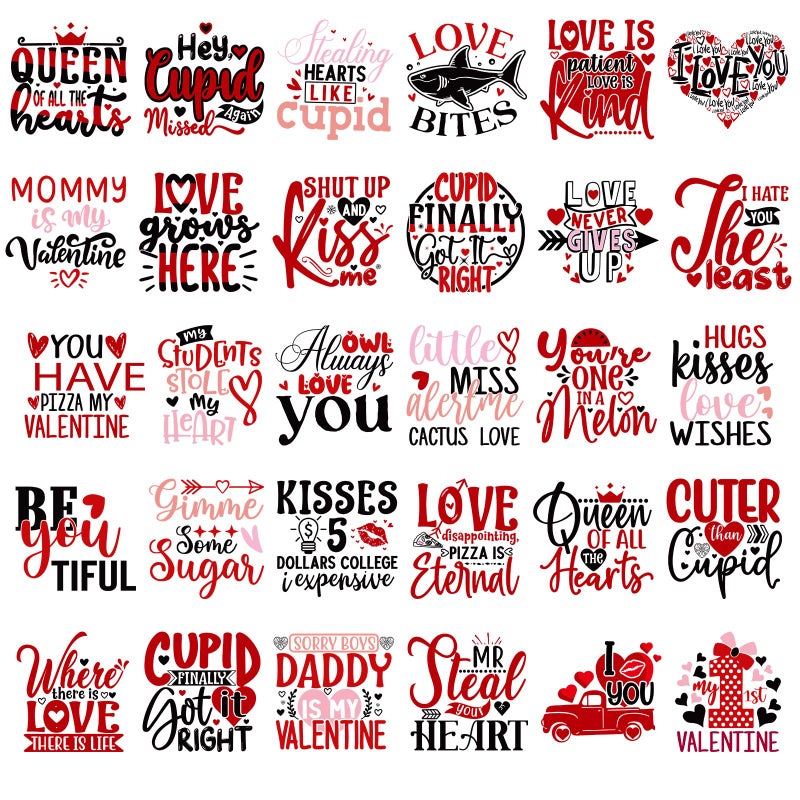 INCOK Valentine's Day DTF Transfers Ready to Press - 30 PCS Red Heart Iron on Transfers for T-Shirts, Funny Quotes Heat Decals Stickers for Couple Outfits Clothing Hat Pillow Covers DIY Crafts Decor - Image 1