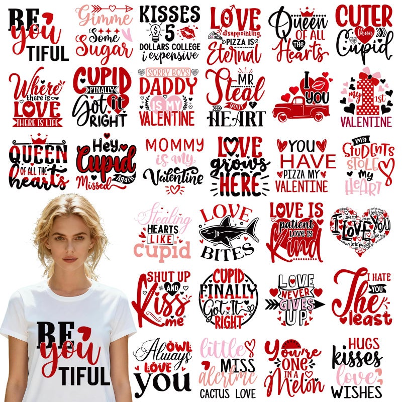 INCOK Valentine's Day DTF Transfers Ready to Press - 30 PCS Red Heart Iron on Transfers for T-Shirts, Funny Quotes Heat Decals Stickers for Couple Outfits Clothing Hat Pillow Covers DIY Crafts Decor - Image 2