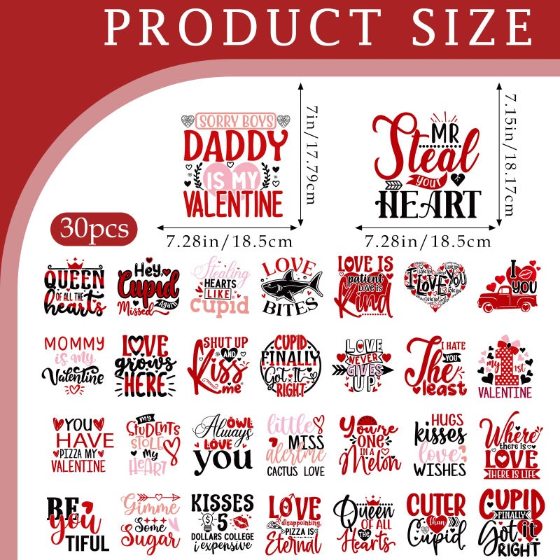 INCOK Valentine's Day DTF Transfers Ready to Press - 30 PCS Red Heart Iron on Transfers for T-Shirts, Funny Quotes Heat Decals Stickers for Couple Outfits Clothing Hat Pillow Covers DIY Crafts Decor - Image 4