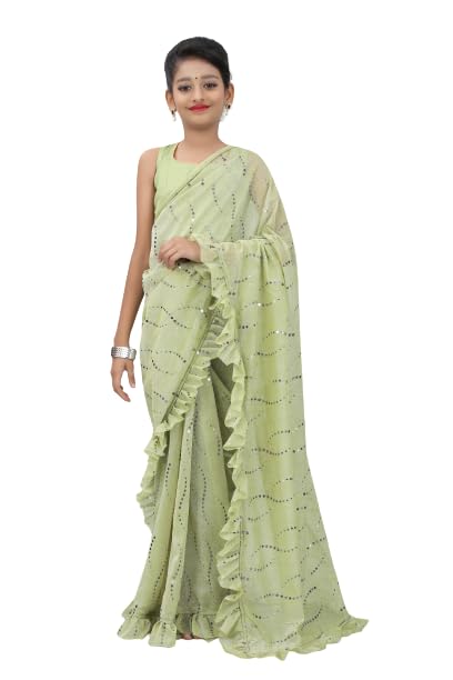 Xavima Women Silk Kids Lehenga Styled Sinkar Ready to Wear Saree With Unstitched Blouse Piece_Size : 11-12 Y, Green - Image 1