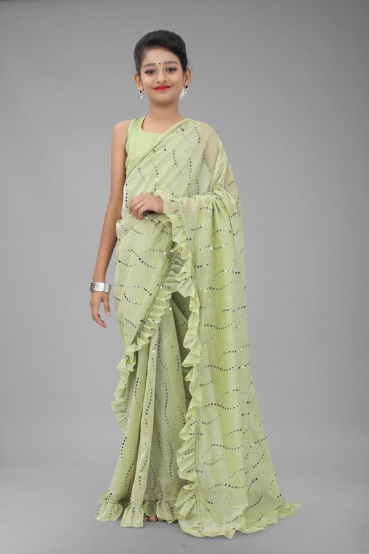 Xavima Women Silk Kids Lehenga Styled Sinkar Ready to Wear Saree With Unstitched Blouse Piece_Size : 11-12 Y, Green - Image 2