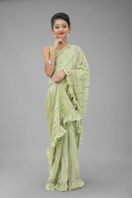 Xavima Women Silk Kids Lehenga Styled Sinkar Ready to Wear Saree With Unstitched Blouse Piece_Size : 11-12 Y, Green - Image 4