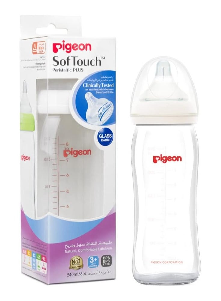pigeon Pigeon SofTouch Peristaltic Plus Wide Neck Glass Nursing Bottle – 100% Silicone Nipple, BPA & BPS Free, 240ml - Image 1
