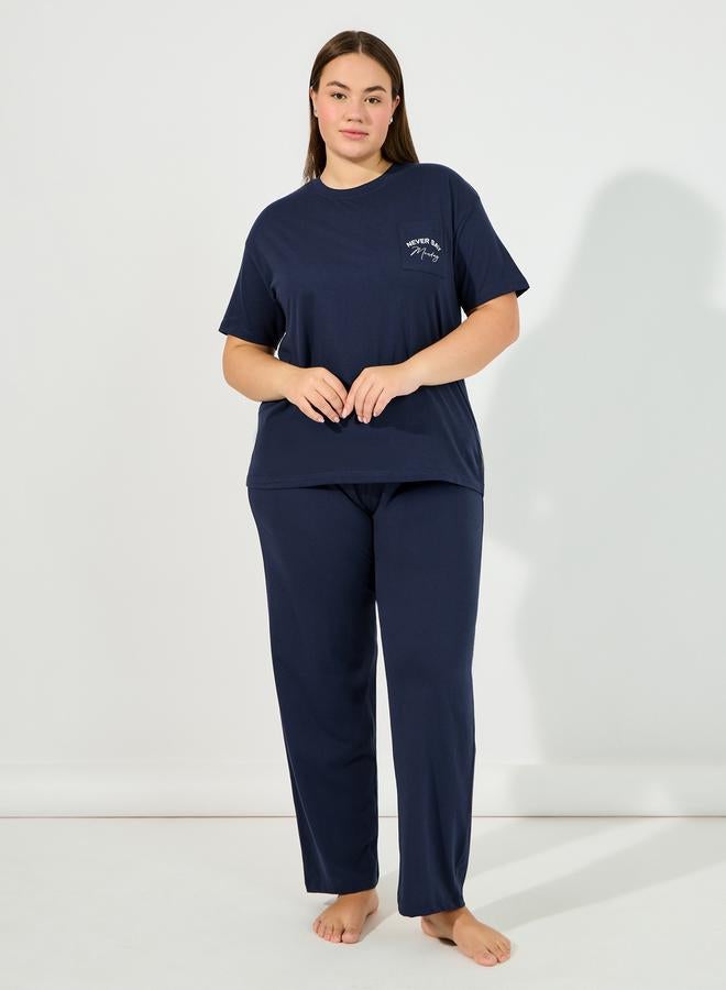 Styli Plus Size Slogan Pocket Print T-Shirt & Ruffle Waistband Pyjama Set  - Image 1
