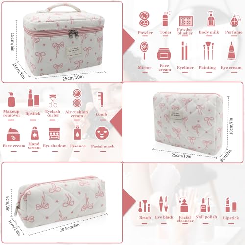 Gosect Quilted Makeup Bag Set 3pc Large Floral Cosmetic Bag for Women Cute Cotton Makeup Bags Flower Travel Toiletry Organizer Bag White Pink Small Bow - Image 3