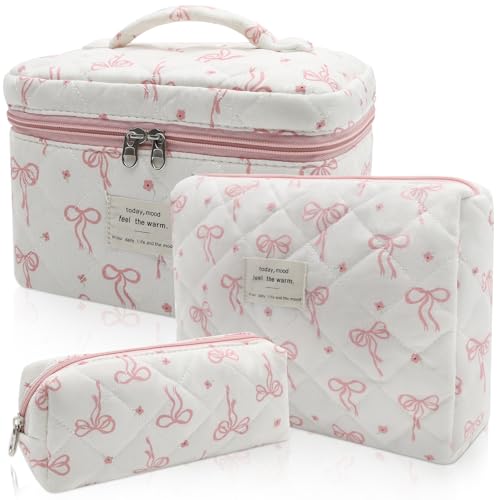 Gosect Quilted Makeup Bag Set 3pc Large Floral Cosmetic Bag for Women Cute Cotton Makeup Bags Flower Travel Toiletry Organizer Bag White Pink Small Bow - Image 1