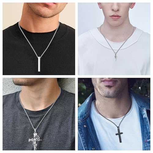 MAIBAOTA 8 Pcs Necklace for Men, Mens Necklaces Jewelry Set, Black and Silver Stainless Steel Necklace, Cross Pendant Necklace, 16-24 inches Chain, Birthday Gifts for Dad - Image 3