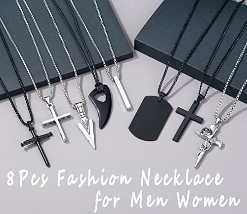 MAIBAOTA 8 Pcs Necklace for Men, Mens Necklaces Jewelry Set, Black and Silver Stainless Steel Necklace, Cross Pendant Necklace, 16-24 inches Chain, Birthday Gifts for Dad - Image 2