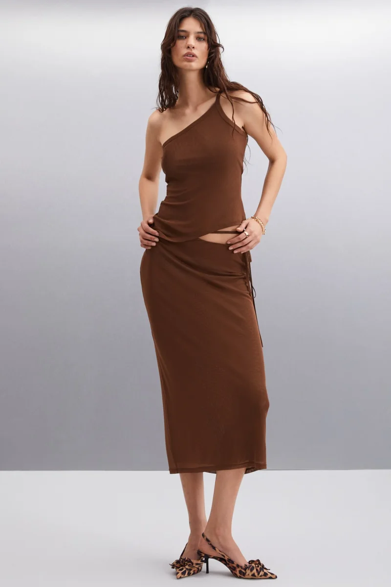 جريميلانج Pascale Women's Polyester Asymmetric Collar Slim Brown Blouse