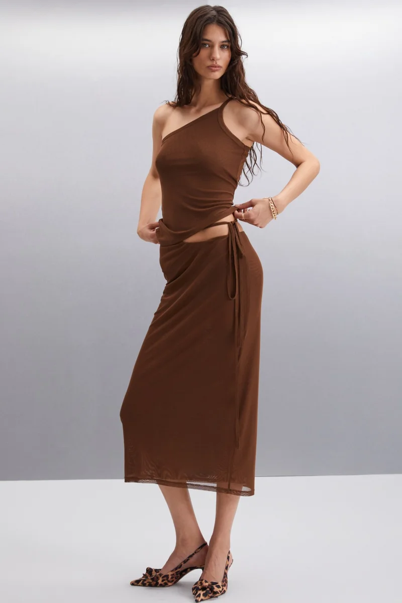 جريميلانج Pascale Women's Polyester Asymmetric Collar Slim Brown Blouse