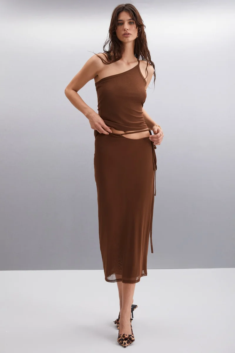 جريميلانج Pascale Women's Polyester Asymmetric Collar Slim Brown Blouse