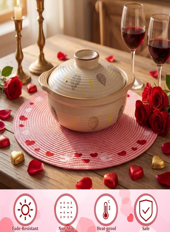 Remerry 6 Pcs Valentine's Day Embroidered Placemats Set 13 inch Washable Non-Slip Round Woven Table Mats Wedding Anniversary Place Mats for Party Kitchen Dining Decoration (Red,Beige,Pink) - Image 3