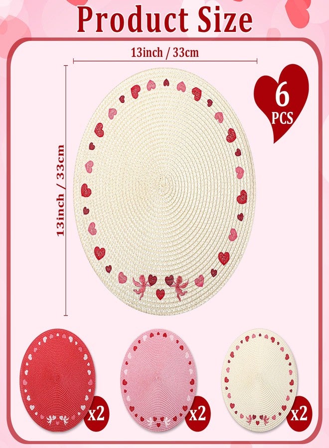 Remerry 6 Pcs Valentine's Day Embroidered Placemats Set 13 inch Washable Non-Slip Round Woven Table Mats Wedding Anniversary Place Mats for Party Kitchen Dining Decoration (Red,Beige,Pink) - Image 2