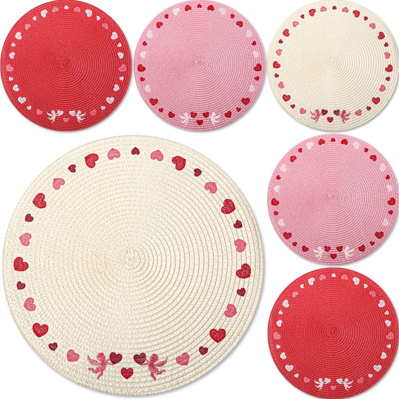 Remerry 6 Pcs Valentine's Day Embroidered Placemats Set 13 inch Washable Non-Slip Round Woven Table Mats Wedding Anniversary Place Mats for Party Kitchen Dining Decoration (Red,Beige,Pink) - Image 1