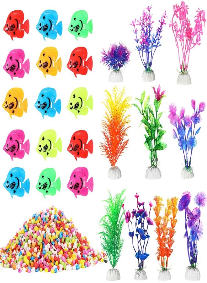 Jexine Fish Tank Accessories, 60 Pcs Floating Fake Fishes 10 Pcs Artificial Plants and 2.75 Pounds Rocks for Household Office Aquarium Tank Decorations - Image 1