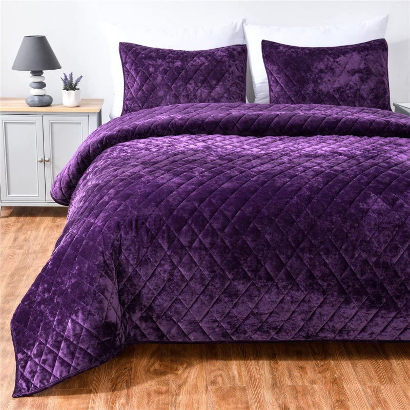 Fredsure Distressed Velvet Quilt Set, 3 Pieces Purple Queen, Distressed Velvet Face and Brushed Microfiber Reverse with Diamond Quilting - Image 2