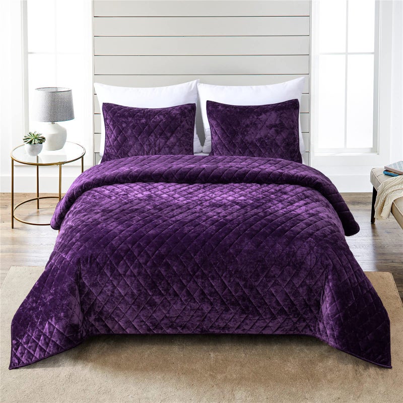 Fredsure Distressed Velvet Quilt Set, 3 Pieces Purple Queen, Distressed Velvet Face and Brushed Microfiber Reverse with Diamond Quilting - Image 1