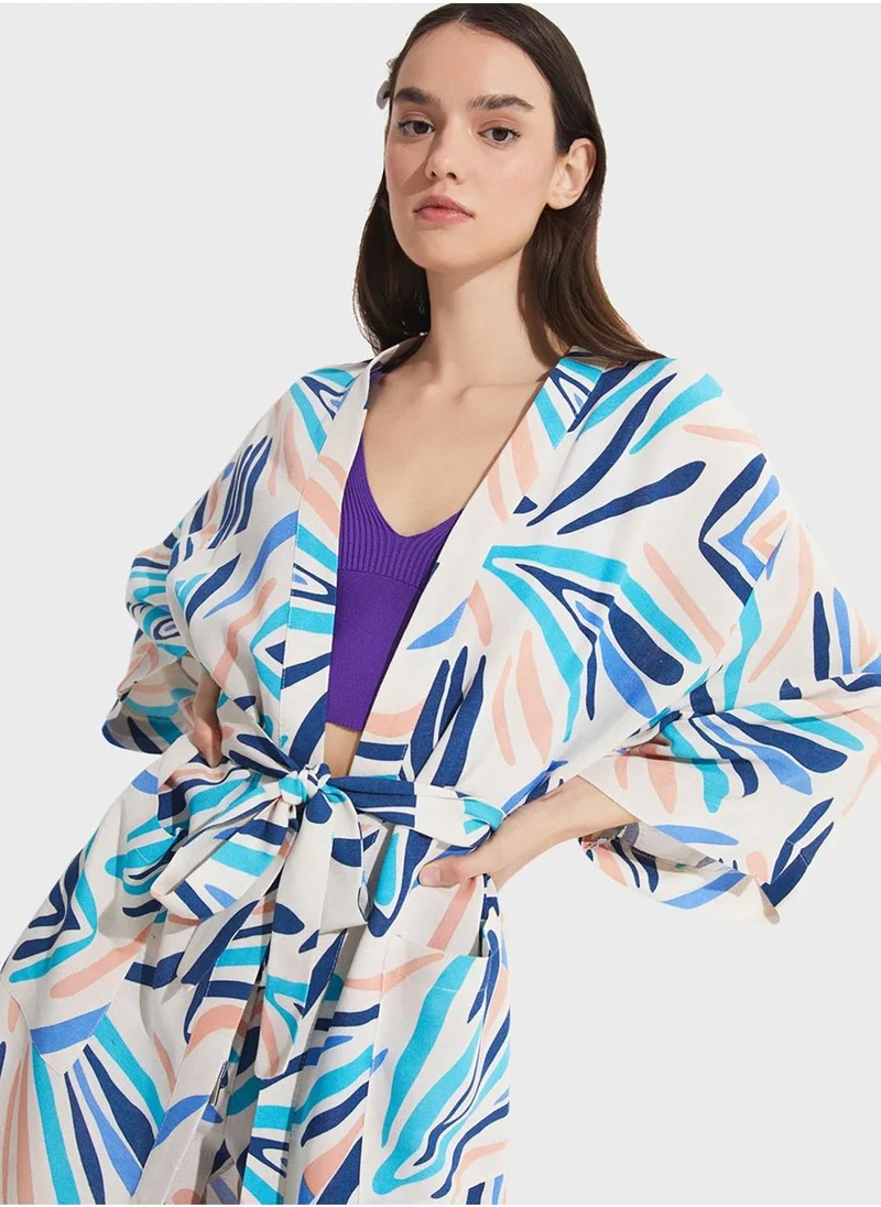 JUNE Printed Tie Detail Kimono