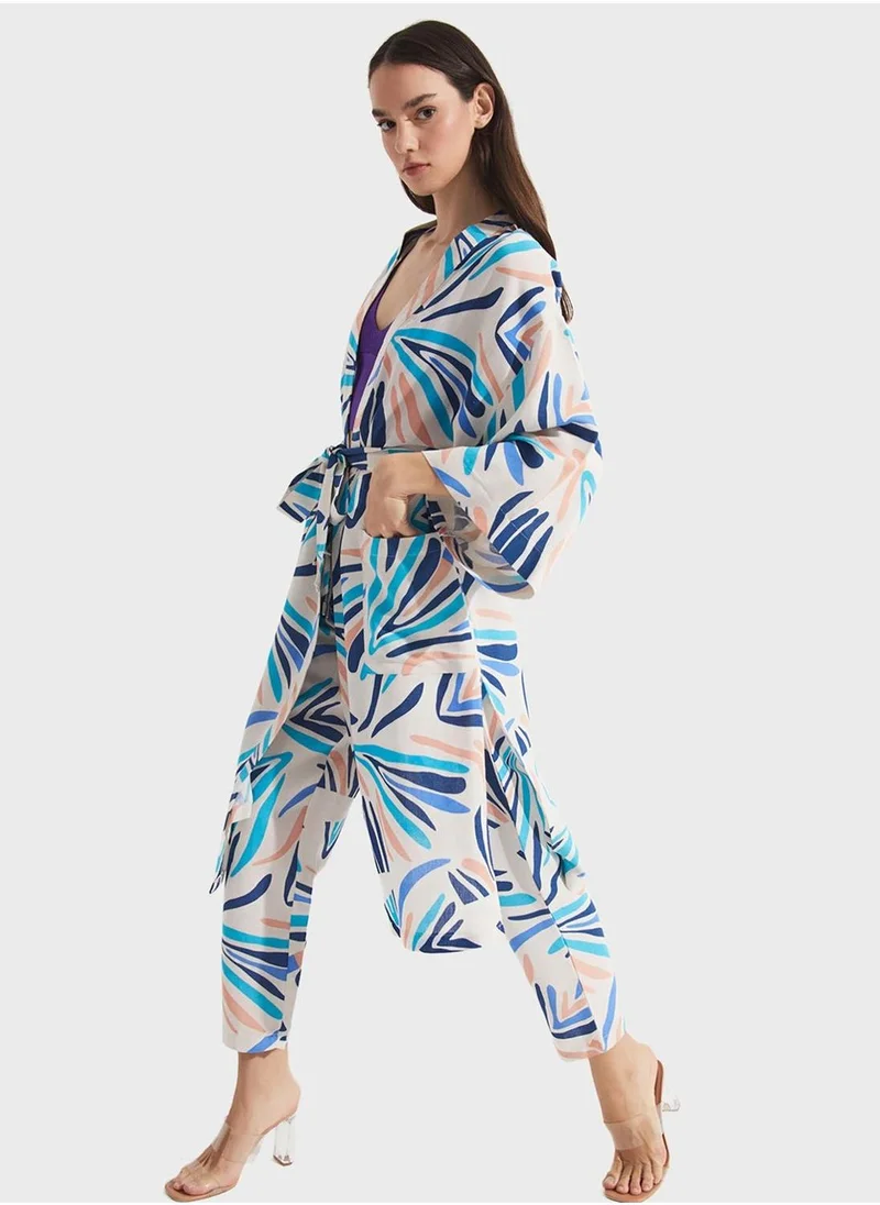 JUNE Printed Tie Detail Kimono
