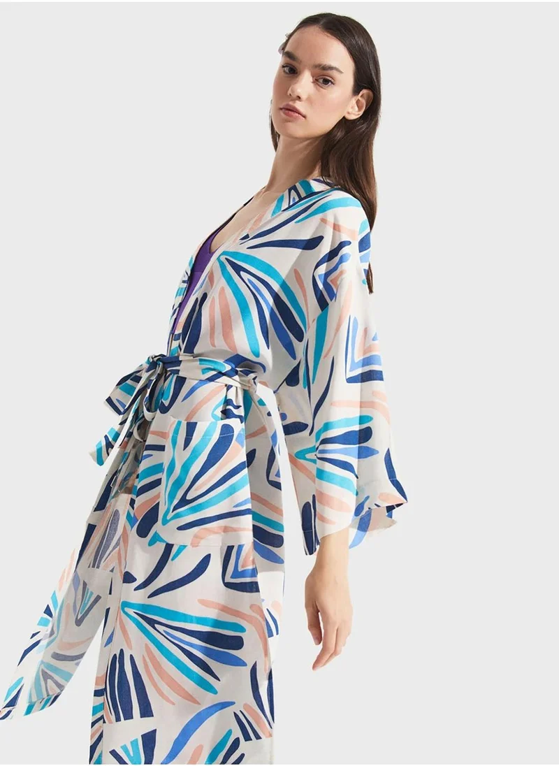 JUNE Printed Tie Detail Kimono