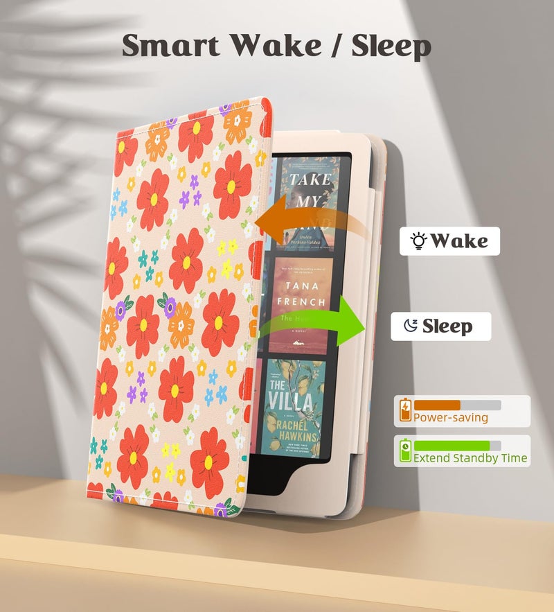 MoKo Case for 7"/6.8" Kindle Paperwhite(12th/11th Gen-2024/2021) and Kindle Colorsoft Signature Edition, Slim PU Shell Cover Case with Auto-Wake/Sleep for Kindle Paperwhite 2024, Colorful Flowers - Image 5