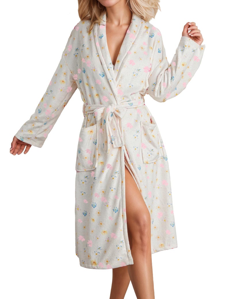 TIKITIDES Robes for Women Cute Robes Spring Summer Robe Fleece Bathrobes Women Robe Soft Plush Fruit Floral Print Lightweight Fuzzy Lounge Bathrobe - Image 1