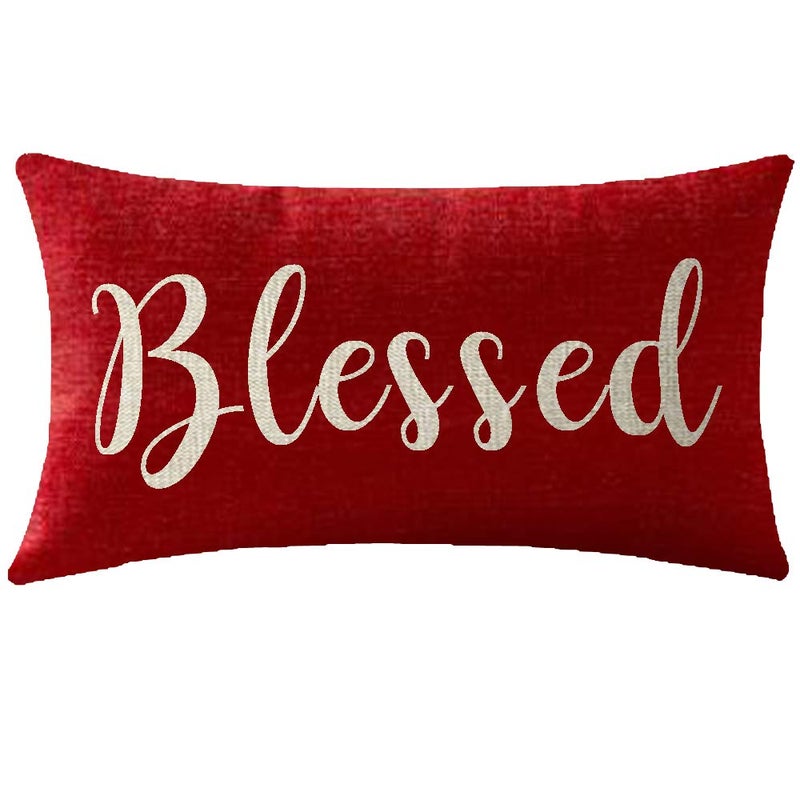 Nice Gift Inspirational Blessed Words Waist Lumbar Red Cotton Linen Throw Pillow Case Cushion Cover for Sofa Home Christmas Decorative Oblong 12x20 Inches