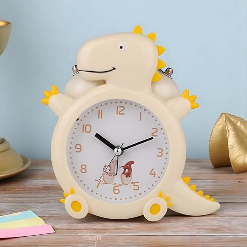 De'rons Twin Bell Analog Table Alarm Clock for Heavy Sleepers with Backlight Alarm Clock for Study Table Funny Cute Dinosaur Cartoon Shape Alarm Clock for Kids Girls Boys Bedroom 12.5 x 14 cm (Yellow) - Image 2