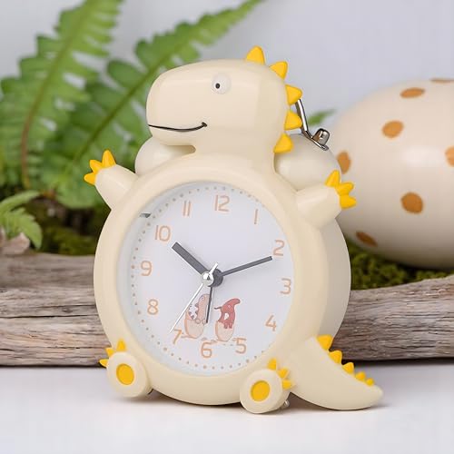 De'rons Twin Bell Analog Table Alarm Clock for Heavy Sleepers with Backlight Alarm Clock for Study Table Funny Cute Dinosaur Cartoon Shape Alarm Clock for Kids Girls Boys Bedroom 12.5 x 14 cm (Yellow) - Image 1