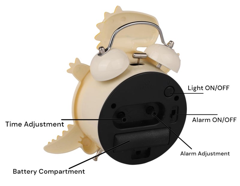De'rons Twin Bell Analog Table Alarm Clock for Heavy Sleepers with Backlight Alarm Clock for Study Table Funny Cute Dinosaur Cartoon Shape Alarm Clock for Kids Girls Boys Bedroom 12.5 x 14 cm (Yellow) - Image 3