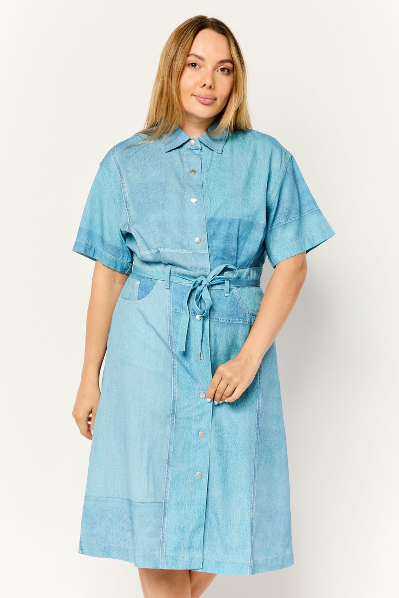 ESPRIT Women Washed Belted Midi Dress, Blue - Image 1