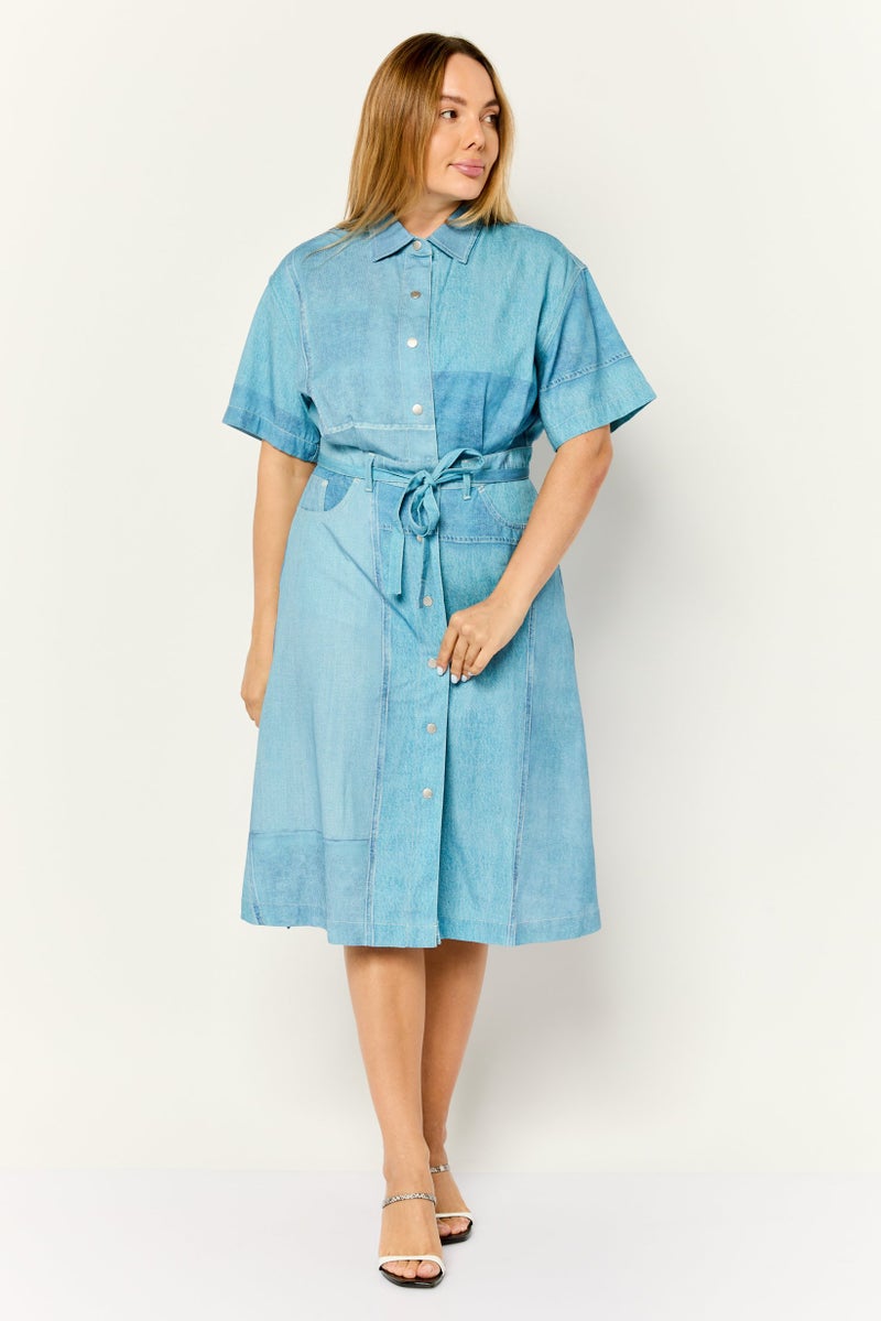 ESPRIT Women Washed Belted Midi Dress, Blue - Image 4