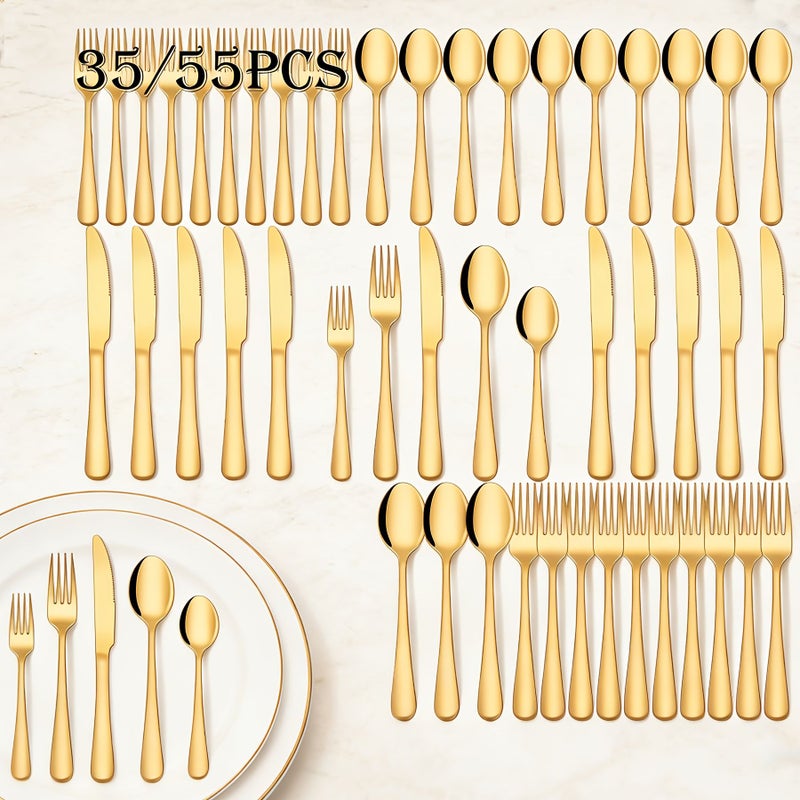 35 Piece Luxury Golden Stainless Steel Flatware Set Forks Spoons Knives Dishwasher Safe - Image 1