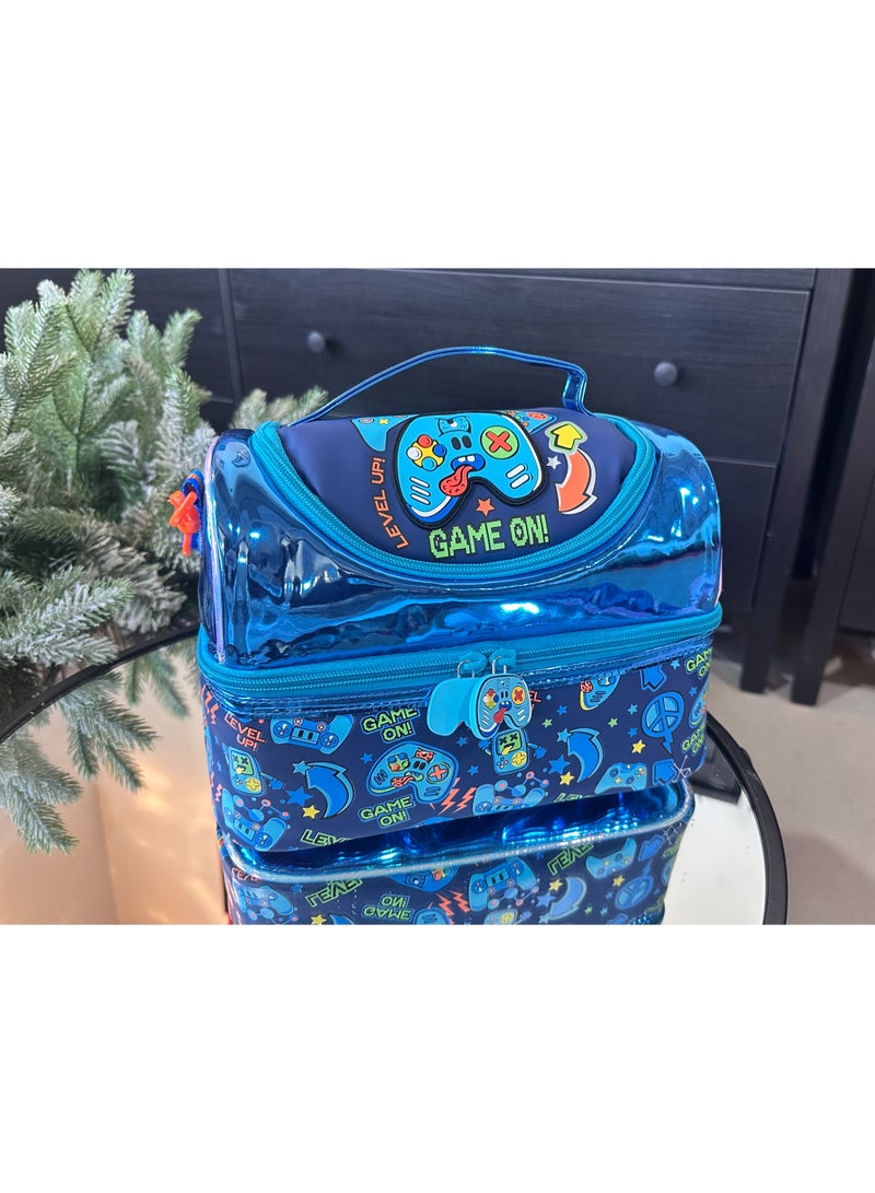 Kids Lunch Bag, Game Controller Pattern Insulated Lunch Bag, Portable Double Layer Thermal Lunch Box Bag for Boys 25.5×16.5×17cm
