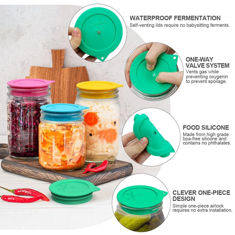Sophico Silicone Fermenting Lids, Waterless Airlock Fermentation Tops Mason Jar Lid Fermenter Caps for Pickles, Kimchi, and Fermented Probiotic Food - 8 Pack, Wide Mouth (Jars Not Included) - Image 4