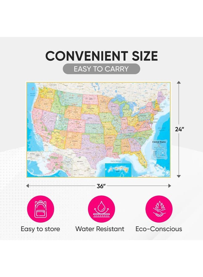 NOWMAP (AquaShield) Double-Sided United States Map Poster - Large Wall Decor - Waterproof Edition with (Pin Stickers) - Image 3