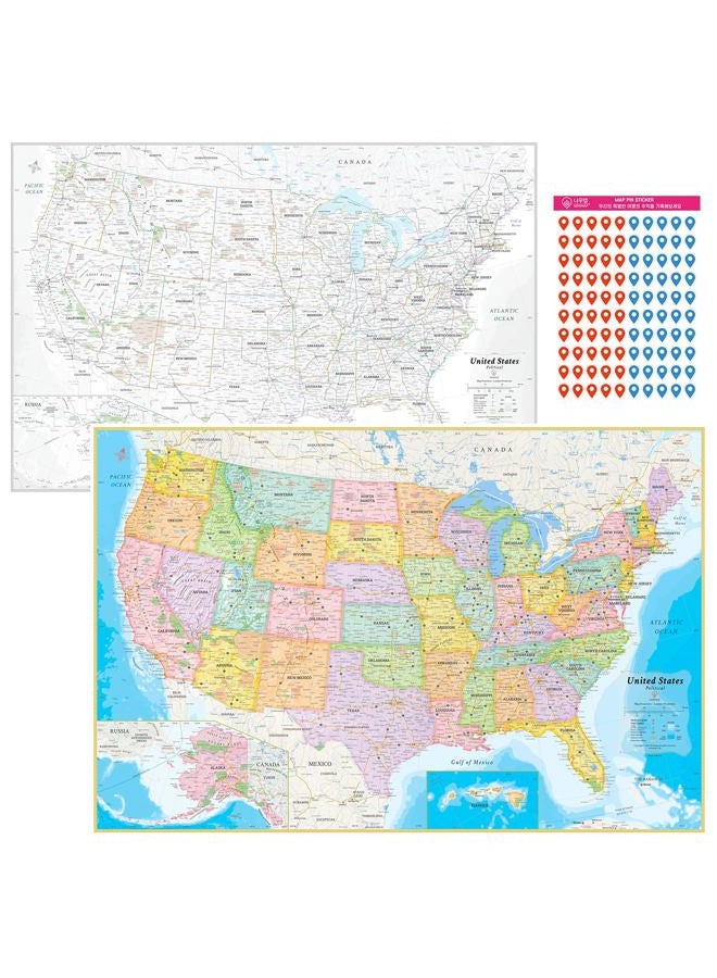 NOWMAP (AquaShield) Double-Sided United States Map Poster - Large Wall Decor - Waterproof Edition with (Pin Stickers) - Image 1