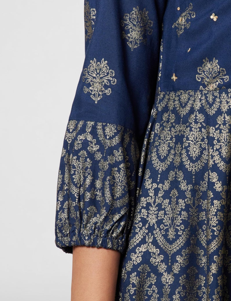 BIBA Women Printed Straight Ankle Length Mix and Match Dress(Festive 2058_Navy_36), Large - Image 5