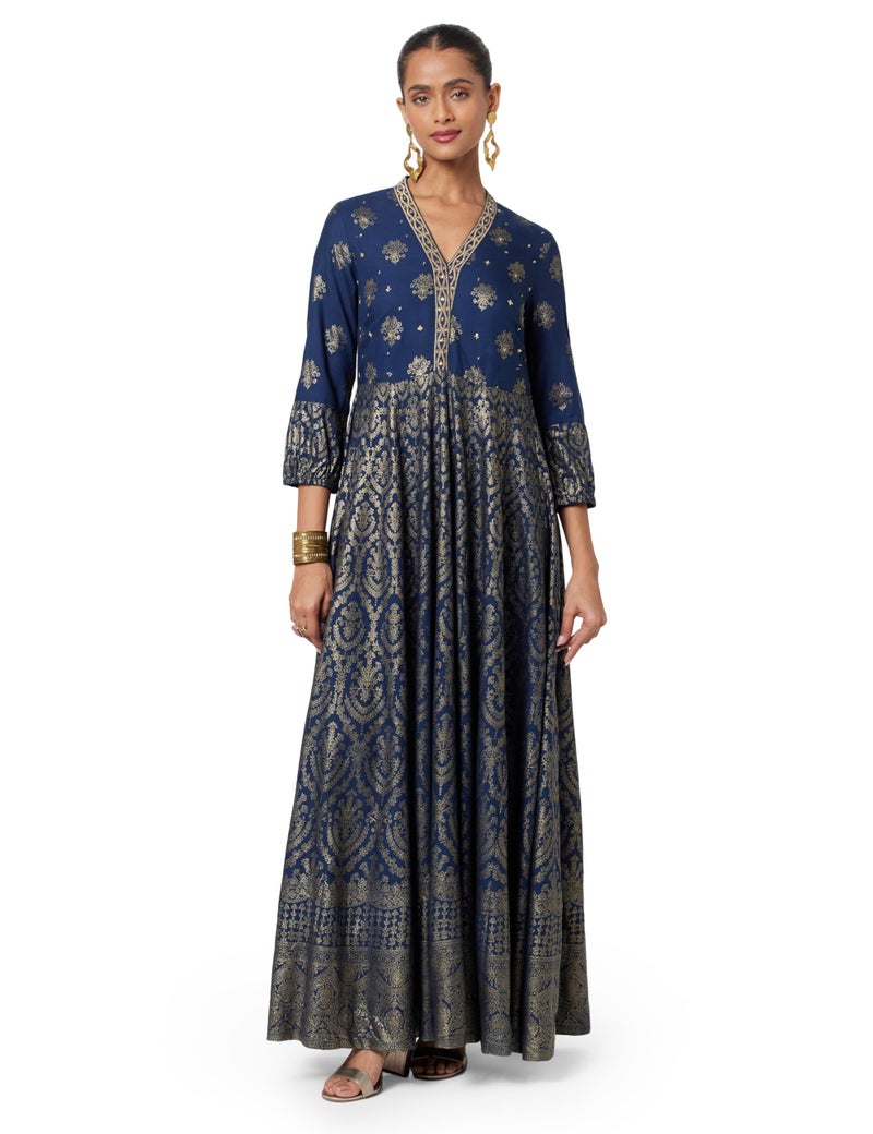 BIBA Women Printed Straight Ankle Length Mix and Match Dress(Festive 2058_Navy_36), Large - Image 1