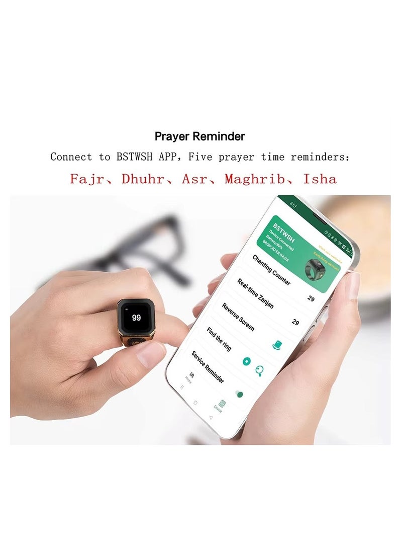 BSTWSH Metal Zinc Alloy Smart Counter Ring for Zikr & Tasbih – Bluetooth-Enabled Digital Tasbeeh Counter with 5 Prayer Time Reminders, OLED Display, Vibration Alerts, and Rechargeable Storage Case - 22mm - Image 2
