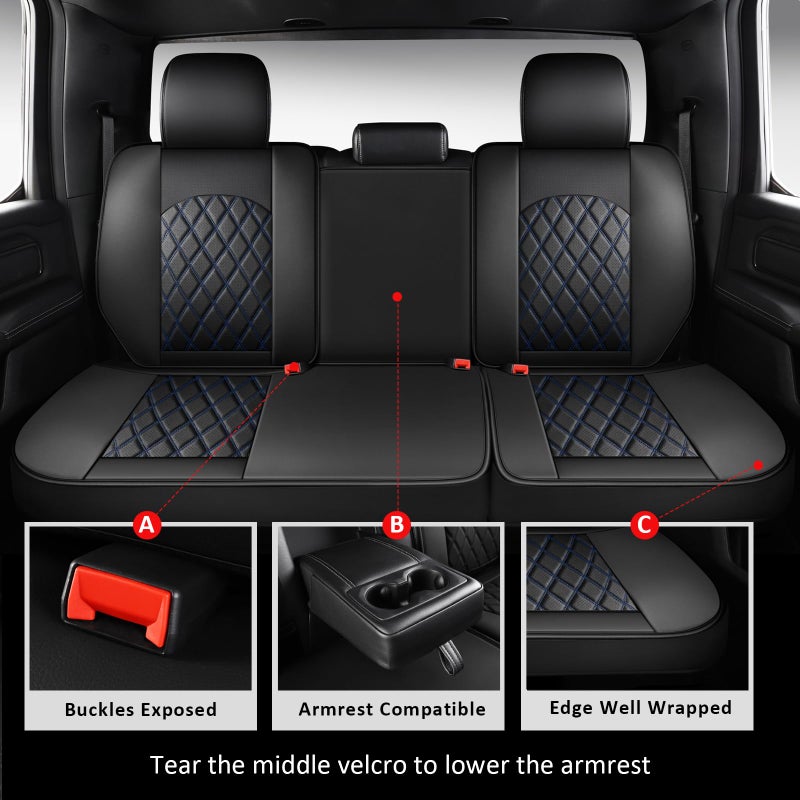 MIROZO Dodge Ram Seat Covers,Waterproof Truck Seat Covers Fits for 2009-2025 Ram 1500 2500 3500 Crew Quad Regular Cab Pickup Cushions with Split Bench 40/60(Black and Blue,Full Set Flat Back) - Image 3