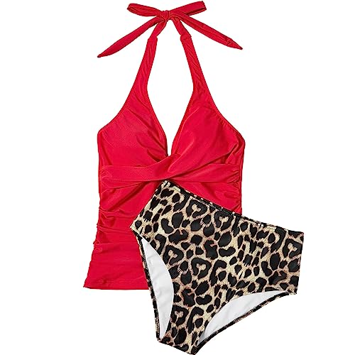 SUUKSESS Women Sexy Halter Tankini Bathing Suits Slimming Tummy Control High Waisted Swimsuits 2 Piece (Red Leopard, M) - Image 2